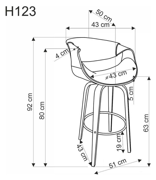 Scaun bar H123, gri/nuc, piele ecologica/placaj/metal, 55x51x91 cm