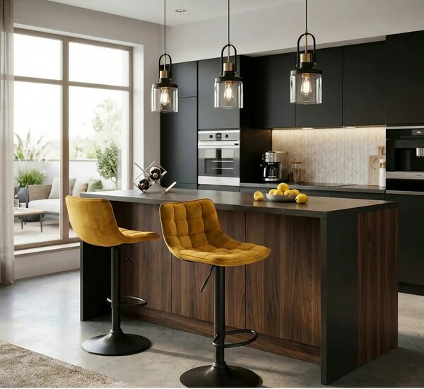 Scaun bar H95, galben mustar - Bluvel 68/negru, stofa catifelata/metal