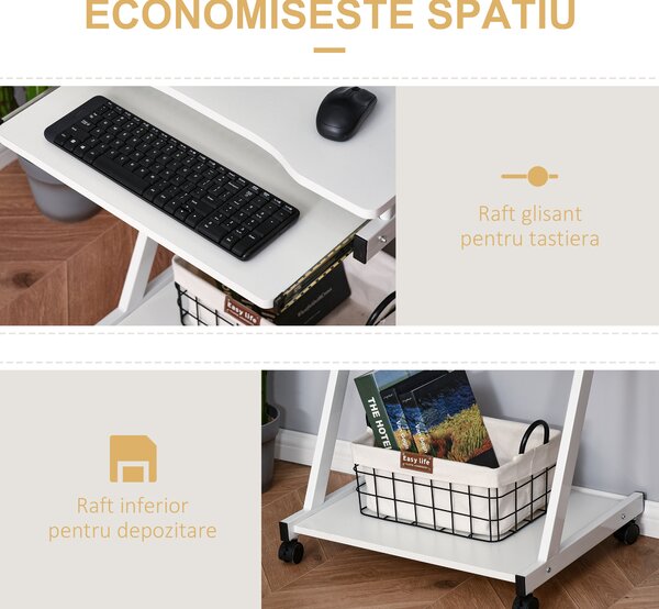 Masa cu roti HOMCOM, suport PC/laptop, 60x48x73cm alb | Aosom Romania