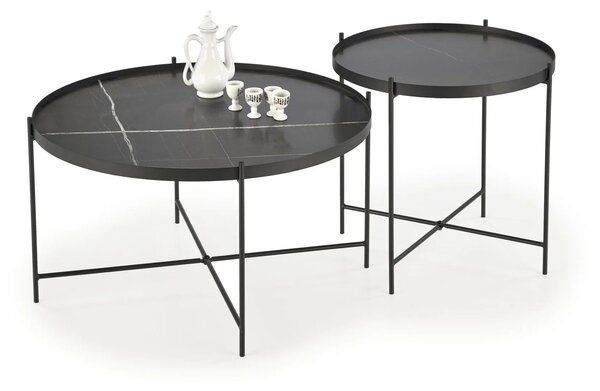 Set 2 masute cafea JULIETA, negru cu efect de marmura/negru