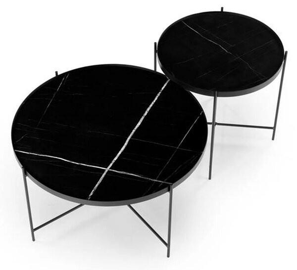Set 2 masute cafea JULIETA, negru cu efect de marmura/negru