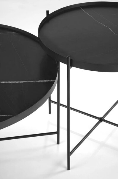 Set 2 masute cafea JULIETA, negru cu efect de marmura/negru