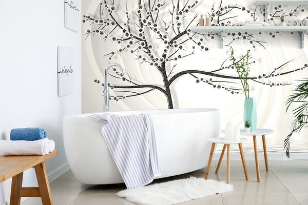 Tapet copac modern pe fundal abstract în alb-negru
