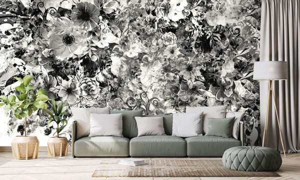 Tapet flori în design alb-negru