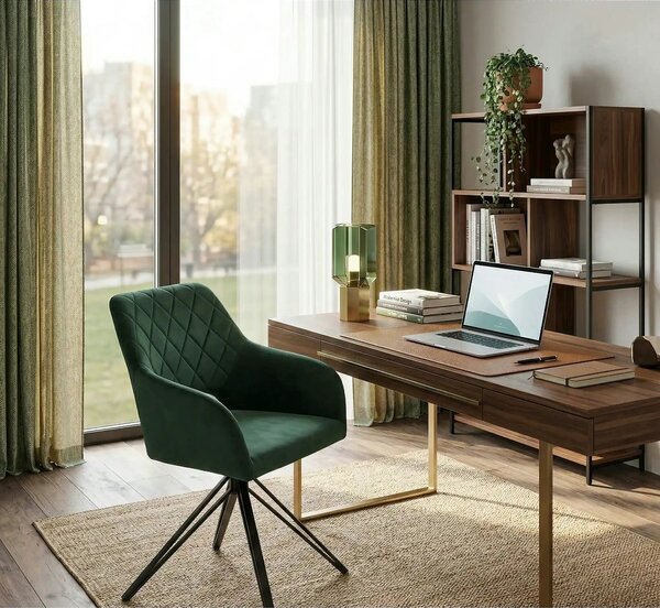Scaun rotativ K535, verde inchis/negru, stofa catifelata/metal, 57x60x