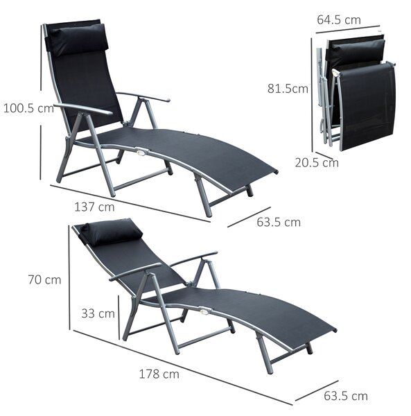 Outsunny Șezlong de Grădină Pliabil cu Pernă și Spătar cu 7 Poziții de Înclinare, 137x63.5x100.5 cm, Negru | Aosom Romania