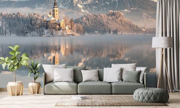 Fototapet biserica de lângă lacul Bled din Slovenia