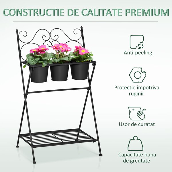 Outsunny Suport Metalic Pliabil pentru Plante, 3 Ghivece Incluse, Design Compact, 47x37x78.5 cm, Negru | Aosom Romania