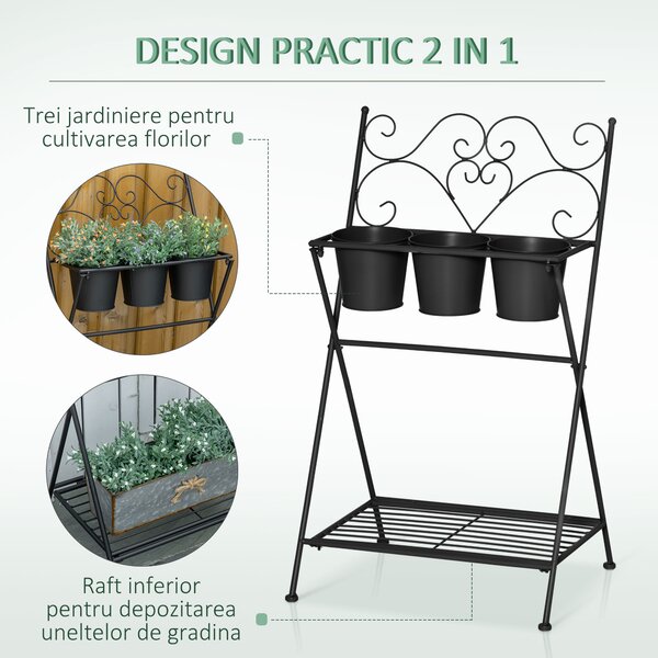 Outsunny Suport Metalic Pliabil pentru Plante, 3 Ghivece Incluse, Design Compact, 47x37x78.5 cm, Negru | Aosom Romania