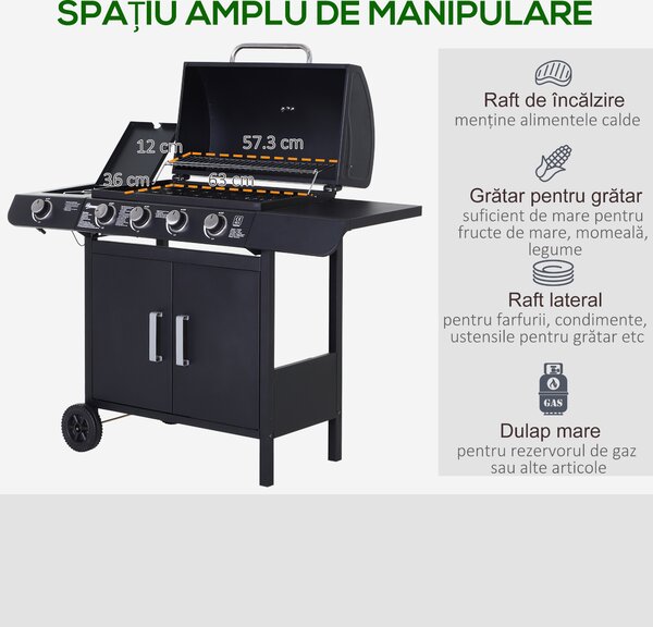 Outsunny Gratar pe Gaz cu 5 Arzatoare Rafturi Laterale si Dulap Inferior cu Usa, Gratar de Gradina cu Roti din Otel si PP, 125x51x100 cm, Negru