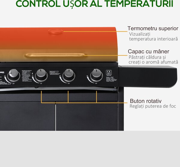 Outsunny Gratar pe Gaz cu 5 Arzatoare Rafturi Laterale si Dulap Inferior cu Usa, Gratar de Gradina cu Roti din Otel si PP, 125x51x100 cm, Negru