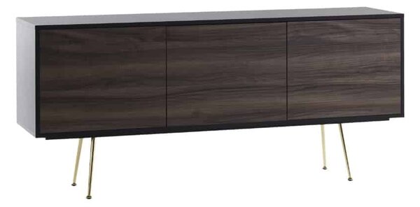 Comoda TV Limo, picioare aurii, deschidere push-pull - bord negru,usi maro