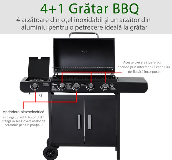 Outsunny Gratar pe Gaz cu 5 Arzatoare Rafturi Laterale si Dulap Inferior cu Usa, Gratar de Gradina cu Roti din Otel si PP, 125x51x100 cm, Negru