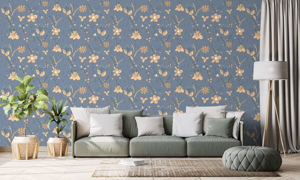 Tapet flori de luncă în design albastru