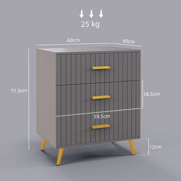 HOMCOM Comodă pentru Dormitor, Dulap Modern cu 3 Sertare, Sertar de Depozitare cu Picioare din Aluminiu, 60x40x71.5 cm, Gri Închis