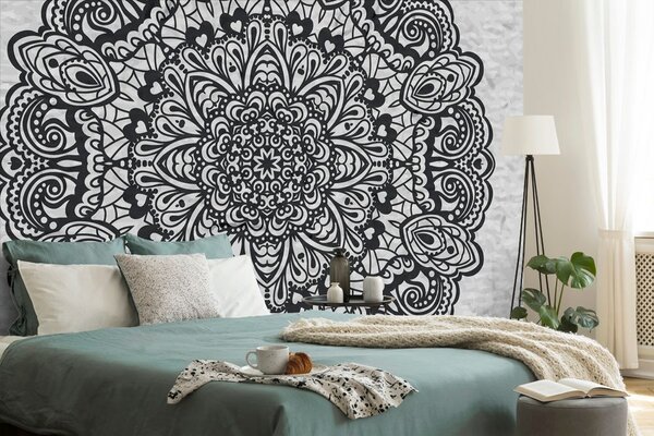 Tapet Mandala florală în alb-negru