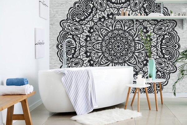 Tapet Mandala florală în alb-negru
