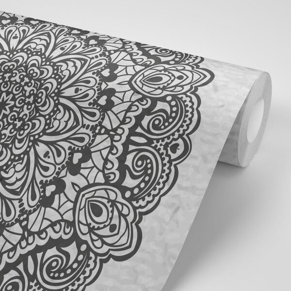 Tapet Mandala florală în alb-negru