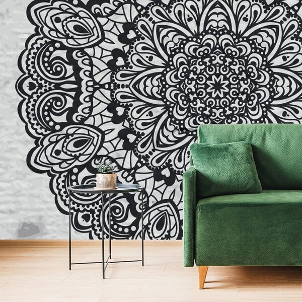 Tapet Mandala florală în alb-negru