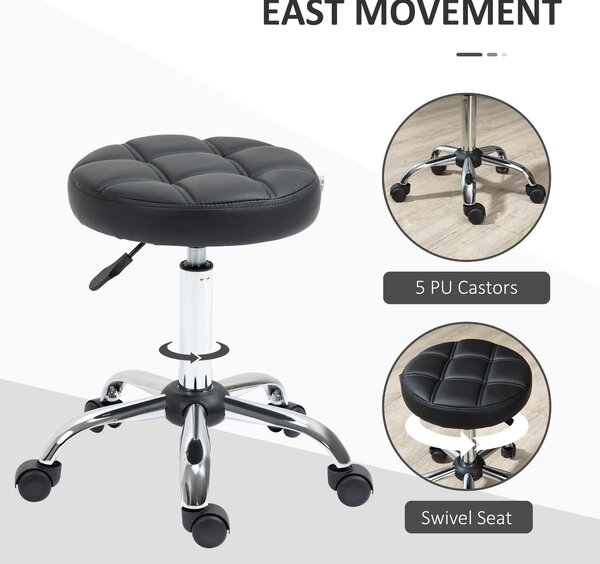 HOMCOM Scaun Rotativ cu Roti, Rotund, Scaun pentru Coafor și Estetician cu Înălțime Ajustabilă, Tapițat în Piele Ecologică, Ø35.5x51-67 cm, Negru