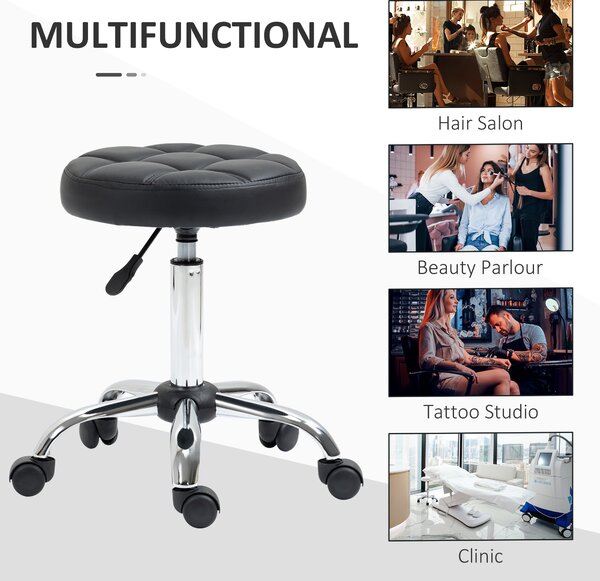 HOMCOM Scaun Rotativ cu Roti, Rotund, Scaun pentru Coafor și Estetician cu Înălțime Ajustabilă, Tapițat în Piele Ecologică, Ø35.5x51-67 cm, Negru