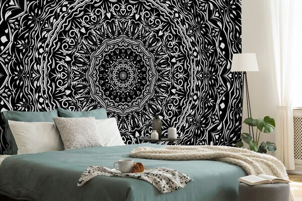 Tapet Mandala în stil vintage în alb-negru
