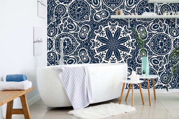 Tapet Mandala albă pe fundal albastru