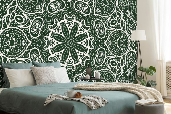 Tapet Mandala albă pe un fundal verde