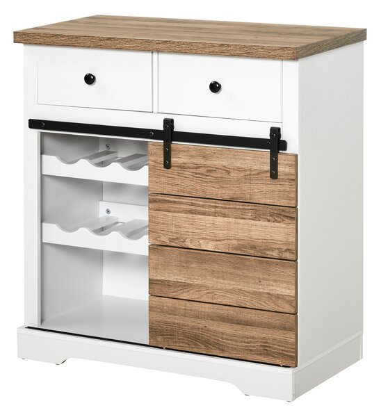 HOMCOM Dulap Rustic de Bucătărie cu 2 Sertare, Rafturi Deschise și Suport pentru Sticle, Bufet din Lemn și Metal, 80x39x86 cm, Alb