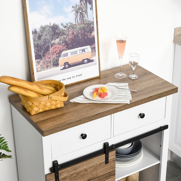 HOMCOM Dulap Rustic de Bucătărie cu 2 Sertare, Rafturi Deschise și Suport pentru Sticle, Bufet din Lemn și Metal, 80x39x86 cm, Alb
