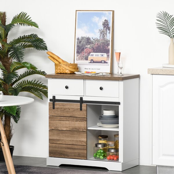 HOMCOM Dulap Rustic de Bucătărie cu 2 Sertare, Rafturi Deschise și Suport pentru Sticle, Bufet din Lemn și Metal, 80x39x86 cm, Alb