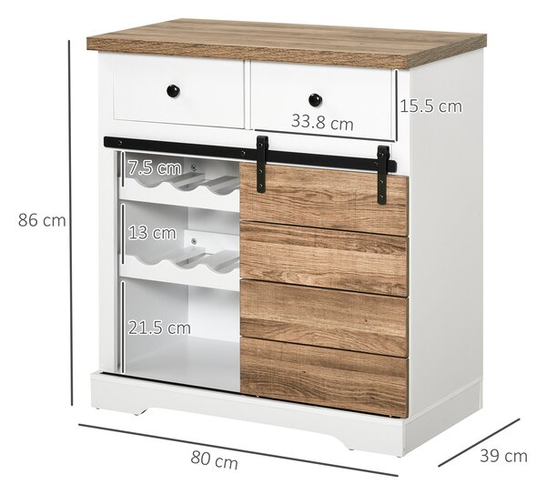 HOMCOM Dulap Rustic de Bucătărie cu 2 Sertare, Rafturi Deschise și Suport pentru Sticle, Bufet din Lemn și Metal, 80x39x86 cm, Alb