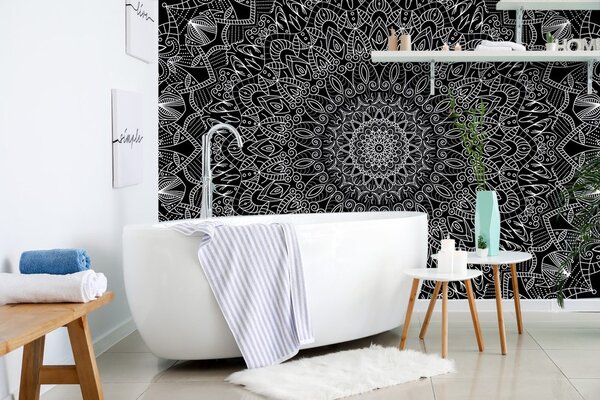 Tapet Mandale decorativă detaliată în alb-negru