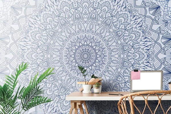 Tapet Mandala decorativă detaliată în culoarea albastră