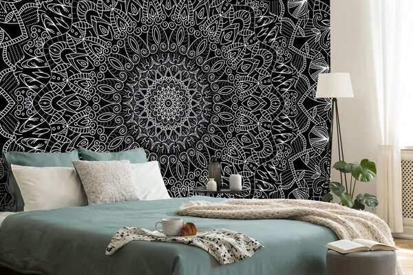 Tapet Mandale decorativă detaliată în alb-negru