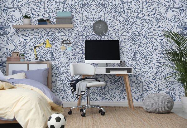Tapet Mandala decorativă detaliată în culoarea albastră