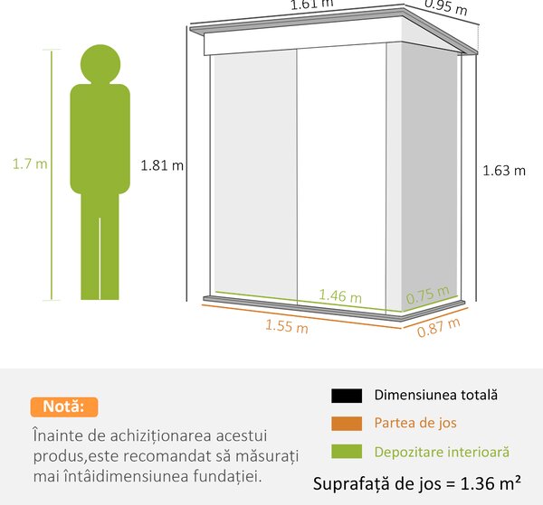 Outsunny Căsuță de Grădină cu Bază din Oțel, Adăpost pentru Unelte de Grădină cu Acoperiș și Ușă, 161x95x163/181 cm, Gri