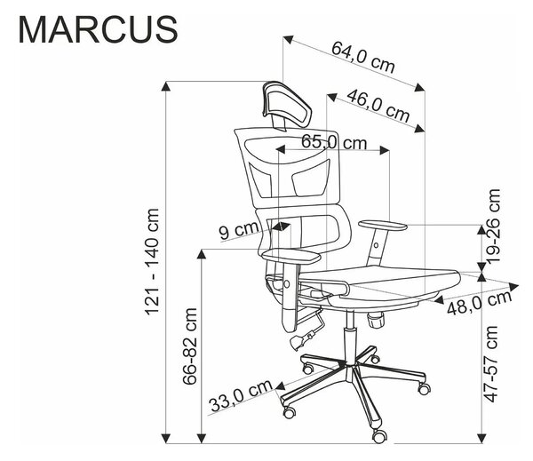 Scaun birou MARCUS, negru, plasa/metal, 65x64x121/140 cm