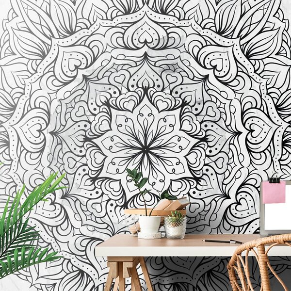 Tapet Mandala etnică abstractă în alb-negru