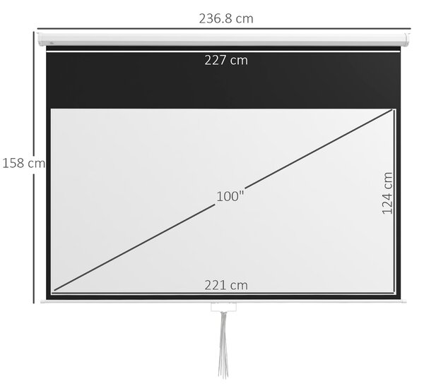 HOMCOM Ecran Proiector 100", 16:9, Montaj Perete/Tavan, Material Mat Premium, Blocare Automată, 221x124 cm, Alb | Aosom Romania