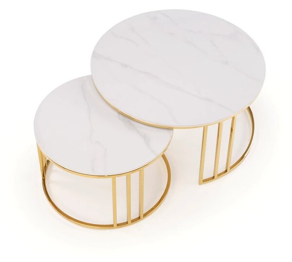Set 2 masute MERCURY, alb cu efect de marmura/auriu, ceramica/metal
