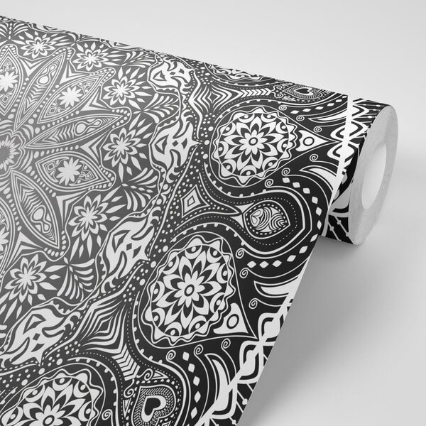 Tapet Mandala ornamentală cu dantelă în alb-negru