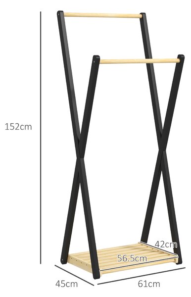 HOMCOM Cuier de Podea din Lemn cu 2 Bare, Suport pentru Haine Autoportant Modern cu Raft Inferior, 61x45x152 cm, Natural
