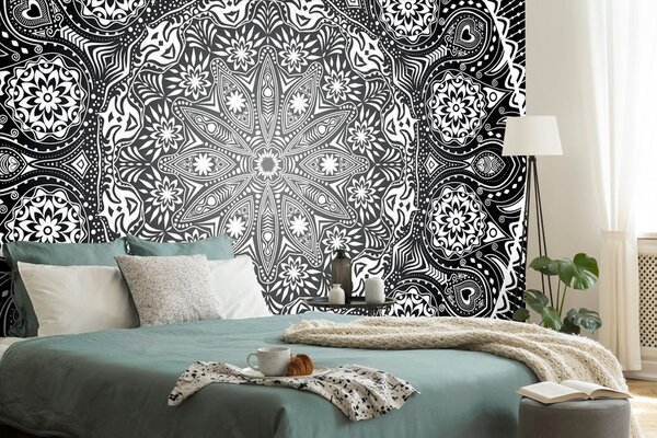 Tapet Mandala ornamentală cu dantelă în alb-negru