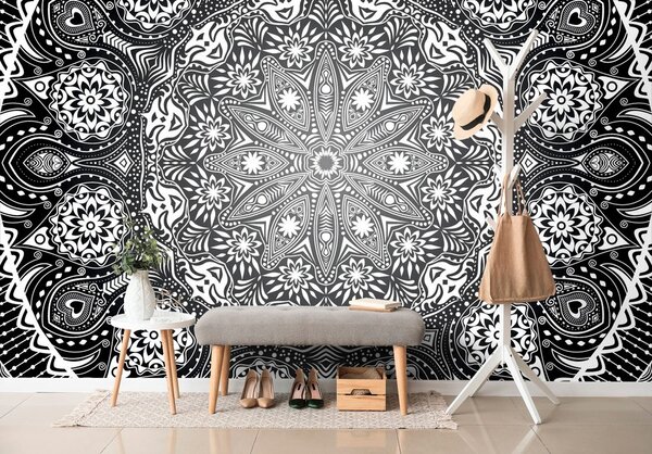 Tapet Mandala ornamentală cu dantelă în alb-negru