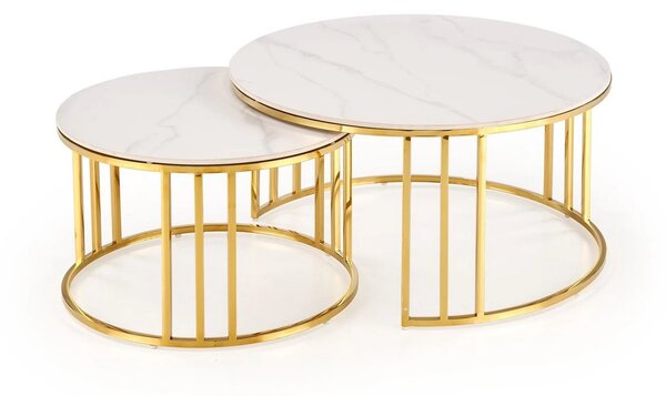 Set 2 masute MERCURY, alb cu efect de marmura/auriu, ceramica/metal
