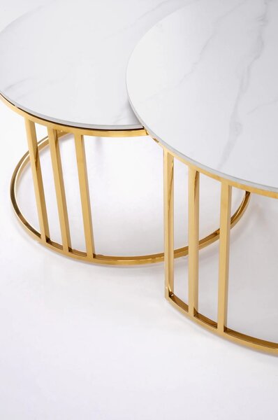 Set 2 masute MERCURY, alb cu efect de marmura/auriu, ceramica/metal