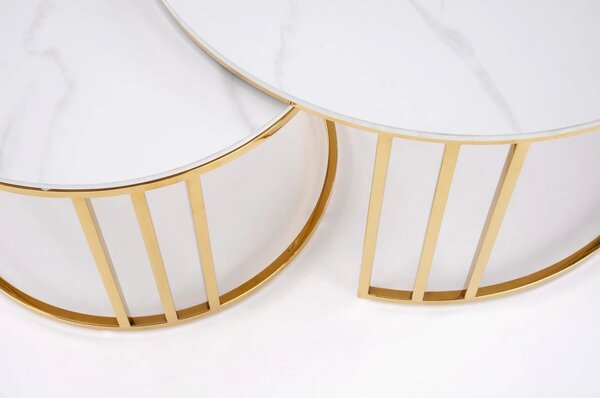 Set 2 masute MERCURY, alb cu efect de marmura/auriu, ceramica/metal