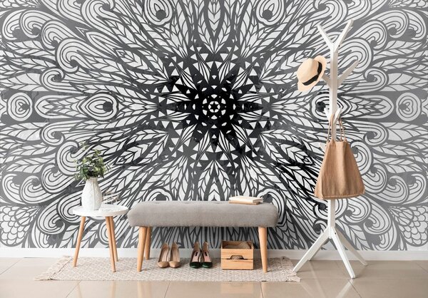 Tapet ornament etnic unic în alb-negru