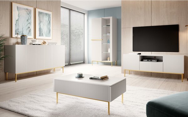 Vitrina Nicole 100 cm cu fata canelata - picioare alb mat / auriu